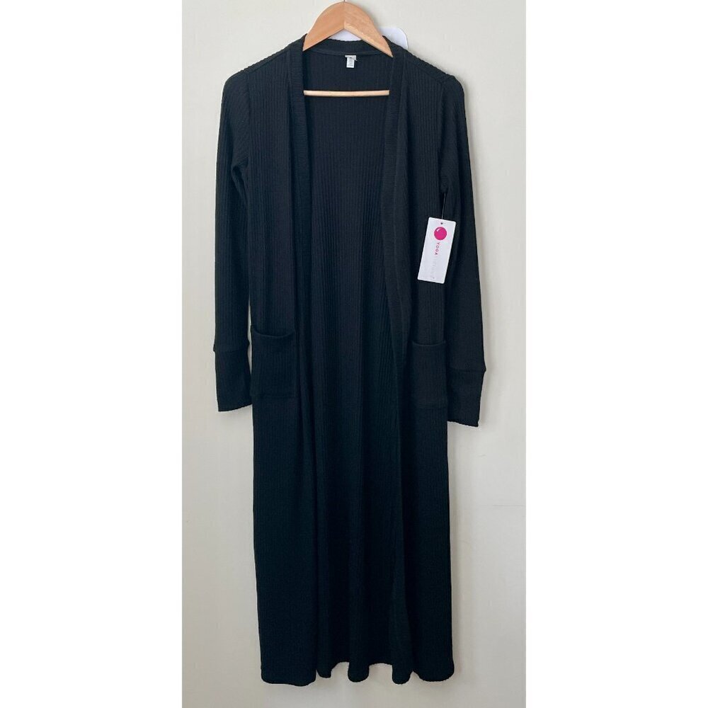 NWT YOGALICIOUS Duster Cardigan Size XS Black Long Ribbed Side Slit - Picture 4 of 12